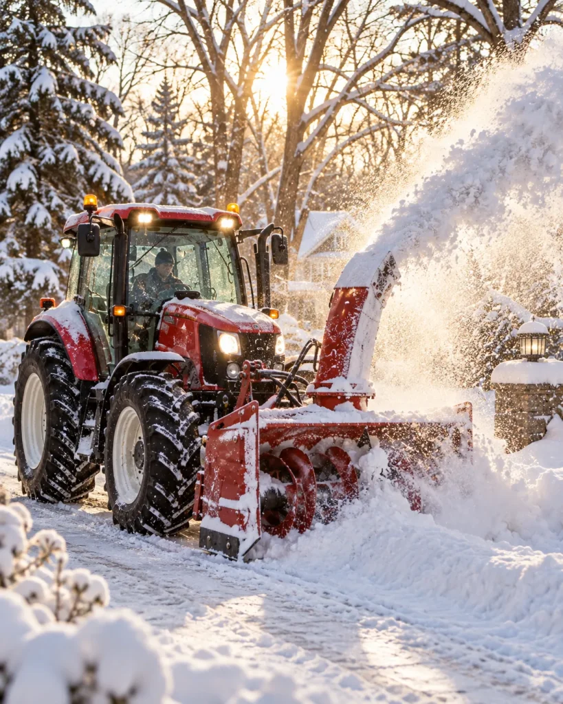 Tracteur souffleur déneigeant une entrée