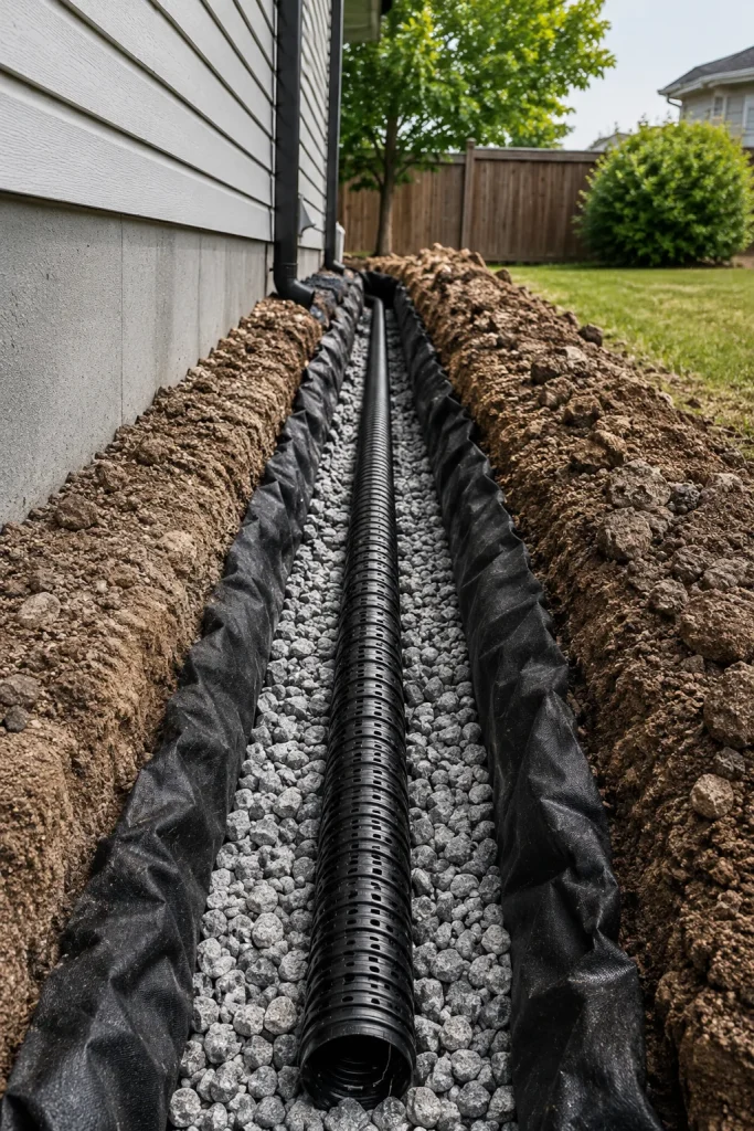Tranchée de drain français avec membrane et gravier
